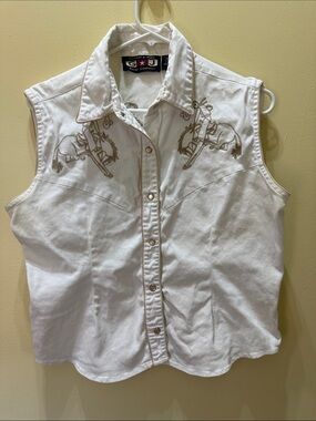 Gordon & James White Sleeveless Western Snap-Front Shirt with Tan Embroidery XL